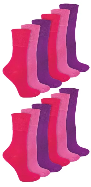 IOMI - 12 Paar Multipack Damen Diabetiker Bambus Socken | Damen Extra breite nahtlose Socken mit nicht elastischen sanften Grip Top - Rosa
