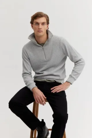 BASEFIELD - NOS Zip Troyer Pullover light grey mel. - Gr. - XL