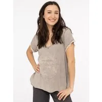 Zwillingsherz T-Shirt "Positive Mind" V-Ausschnitt, Kurzarm, Used-Look, Baumwolle, ausgefranste Kanten