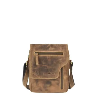Umhängetasche viele Reißverschlussfächer Leder braun 20x23cm | Greenburry Schultertasche sportlich rustikal für Damen und Herren im Alltag