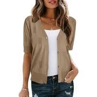 Arach&Cloz T-Shirt Damen Strickjacke kurzärmelig leicht V-Shirt für den Sommer Volltonfarbe Pullover Kurzarmhemd Geeignet Business Freizeit