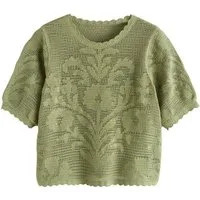 Next Kurzarmpullover Kurzärmeliges T-Shirt mit Häkelblumen (1-tlg)
