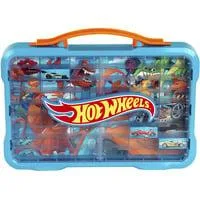 Hot Wheels - Sammelkoffervitrine mit Licht, Aufbewahrungsbox hellblau/transparent, für 54 Fahrzeuge, 1:64