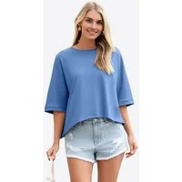 Imily Bela T-Shirt Damen Oversized Cropped Shirt Rundhals Casual Oberteil (Packung, 1-tlg., 1per-Pack) mit 3/4-Ärmeln und abgerundetem Saum in Unifarbe
