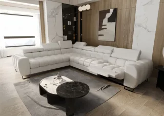 Ecksofa Schlafsofa BASTIEN RELAX in Stoff Terra Hellbeige Ottomane Links