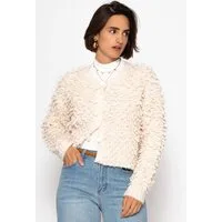 SASSYCLASSY Cardigan Strickjacke mit Loop-Struktur für Damen Kuschelige Jacke mit Knopfleiste und Rippbündchen Hellbeige Schwarz