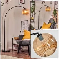 hofstein Bogenlampe Stehlampe aus Metall/Riffelglas in Schwarz/Bernstein mit Marmorfuß, ohne Leuchtmittel, moderne Stehleuchte verstellbar, Ø Schirm 25 cm, Fußschalter, E27