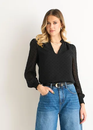 Schwarze Dobby Chiffon Bluse mit Rüschenausschnitt