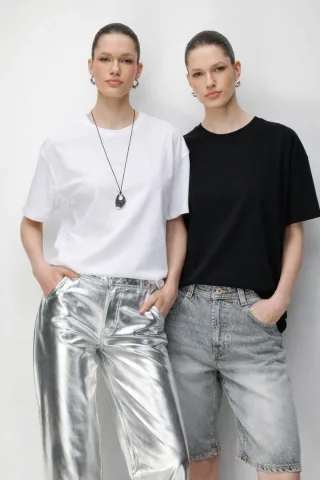 Übergroßes Ripp-Muster Crewneck Zweiteiliges T-Shirt-Set