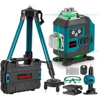 ONEVAN Laserwasserwaage 16 Linien Laser Level 4° Selbstnivellierend, 4 x 360° Laser Level, 2x Akku + Stativ, für Innenbau, Fliesen & Holz