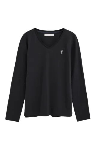 Langärmliges T-Shirt schwarz mit V-Ausschnitt und Rigby Go Stickerei