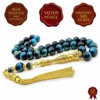 M-Punkt24 Kettenanhänger Tesbih Tespih Echte Steine Gebetskette Misbaha Rosary (Mavi Kaplangözü Blue Tigereye, Vizyon Püskül, 585 Vergoldet, Echt-Silber), Echte Steine
