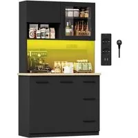 HOMALL Küchenbuffet Hohe Schränke, Küchenzeilen, Sideboards, mit LED-Beleuchtung (Maße: 100 × 40 × 182 cm, mit 3 Schubladen + 3 Schranktüren + 1 offenem Staufach und Arbeitsplatte, 2 Steckdosen + 2 USB-Anschlüssen, mit verstellbaren Einlegeböden)