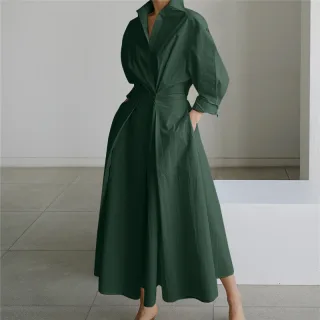 ZANZEA Women Fashion Autumn Sundress Elegant Women Lapel Neck Long Sleeve Solid OL Vestidos Robe Femme Long Shirt Dress
