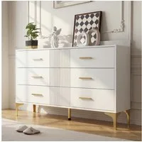 Flieks Kommode mit 6 Schubladen Weiß (Maße: H76/B120/T40 cm, 1 St., für Wohnzimmer und Schlafzimmer), Mehrzweckschrank Sideboard Holzschrank, Metallgriffe und Metallbeine