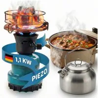 TOM Gaskocher Campingkocher optional mit 4x190g Gas Kartuschen CG-190 Butan Gas, (1-St), 1100W, Piezozündung, Windschutz, Kartuschen Kocher