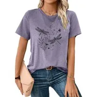 PYLIKE Rundhalsshirt Damen bequemes Sommer Kurzarmbluse Locker Libelle Print-Shirt Bequem für Freizeit und Büro,Strandurlaub
