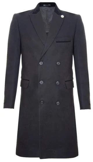 Herren 3/4 Schwarzer langer zweireihiger Crombie-Mantel Wollmantel Peaky Blinders