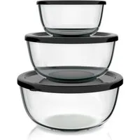 Arendo Salatschüssel 3er Set mit Deckel, Glasschüssel 1,1L / 2,7L / 4,4L, Glas Rührschüssel, Glas, (Set, 3-tlg), Glasschale, BPA-frei, Mikrowellen- und spülmaschinengeeignet