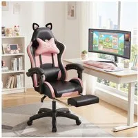 oyajia Gaming-Stuhl Bürostuhl Ergonomisch mit Kopfstütze und Katzenohren, PU-Leder (Gamer Stuhl, Racing Computerstuhl PC Stuhl mit Fußstütze Kopfstütze, 1 St), 115-125cm verstellbare Sitzhöhe, mit Lendenwirbelstütze