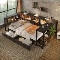 Flieks Daybett, Metallbett 90x200cm mit LED-Beleuchtung, Schreibtisch, Schubladen