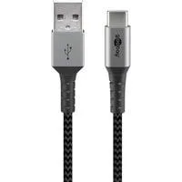 USB 2.0 Kabel, USB-A Stecker > USB-C Stecker grau/silber, 2 Meter, Textilkabel mit Metallsteckern