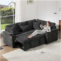 Merax Ecksofa L-förmiges ausziehbares Sofa mit USB-Anschluss, 1 Teile, mit Stauraum, Getränkehalter, Armlehnenablage & 4 Kissen,Chenille-Samt