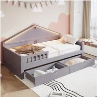 Merax Kinderbett 90×200cm mit LED-Lichtleiste (1-tlg), Jugendbett mit 2 Schubladen & Lattenrost, Kiefer Jugendbett Einzelbett
