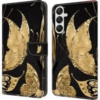 CLM-Tech Handytasche für Samsung Galaxy A16 / A17 5G Hülle aus PU-Leder Klapphülle (goldene Schmetterlinge, Handyhülle mit Standfunktion - Wallet Flip Case inklusive Kartenfächer), Cover mit Magnetverschluss