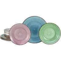 CreaTable Teller-Set Samba Bunt, Teller Set 12 tlg (12-tlg), 4 Personen, Porzellan, Handgemalter Spiraldekor