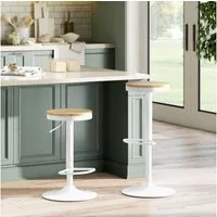 HOMCOM Barhocker mit Stahlgestell, Fußstütze (360° Drehbar Küchenstühle, 2 St., Höhenverstellbar Barstuhl), für Küche, Wohnzimmer, Esszimmer Naturholz+Weiß