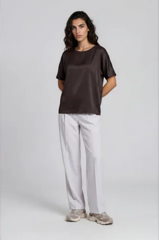 Milano Italy - roundneck shirt with oversized shoulder and cut and sewn sleeve mocca - Gr. - S
