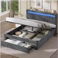 MSMASK Polsterbett mit Steckdosen und LED-Beleuchtung, höhenverstellbares Kopfteil (Ohne Matratze), Hydraulischer Stauraum & Große Schublade, Jugendbett 160x200cm