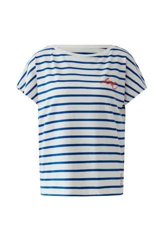 Miss Lagotte - Gestreiftes T-Shirt mit U-Boot-Ausschnitt und Schriftzug blau/weiß - Gr. - 44