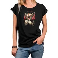 MAKAYA T-Shirt Lustiges Katzenshirt für Damen – Musik Katze mit Kopfhörern (Schwarz, Blau, Dunkelgrau, 34, 36, 38, 40, 42, 44, 46, 48, 50) Baumwolle