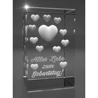 VIP-LASER Dekofigur 3D Glasquader viele Herzen I Alles Liebe zum Geburtstag!, Hochwertige Geschenkbox, Made in Germany, Familienbetrieb