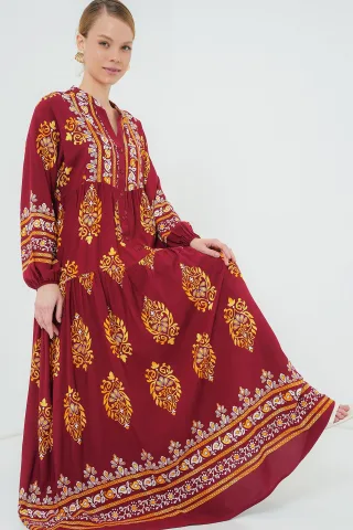Bedrucktes V-Ausschnitt Maxi-Kleid mit Knopfverschluss