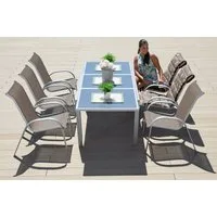 MERXX Garten-Essgruppe Amalfi, (7-tlg., 6x Stapelsessel, 1x Ausziehtisch 140(200)x90 cm), pulverbeschichtetes Aluminium, aus 100% Polyester, für 6 Personen