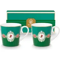 PiP Studio Becher Love Birds Medallion Emerald-Green Henkelbecher Large 0,25l Set2, Porzellan