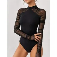 Elegant Love Langarmbody Damen-Body schwarz, Langarm-Bodysuit mit Mesh-Ärmeln und Stehkragen Shirtbody für Frauen, Mesh Body