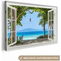 OneMillionCanvasses® Leinwandbild Aussicht - Baum - Meer - Palme - Hügel - Strand - Blau, Fotodruck (1 St), Leinwand Bilder Klein, Wand Dekoration Aesthetic 30x20 cm