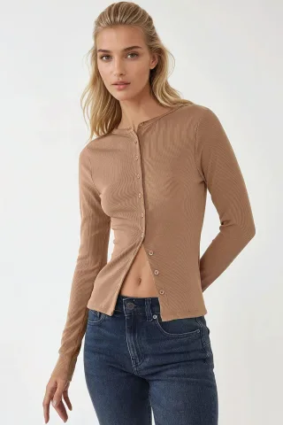 Strukturierte Strick Slim Fit Langarmbluse mit Knöpfen