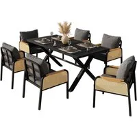 Refined Living Gartenlounge-Set 7-teiliges Gartenmöbel-Set Essgruppe Outdoor, Tisch + 6 Stühle, (Schwarz & Natur, 7-teiliges Gartenmöbel-Set, 148x80x75 cm Tisch, 57x63x84 cm Stühle, Eisengestell, 1-tlg., Holzoptik Tischplatte, Rattan Armlehnen, mit K