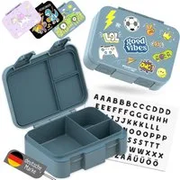 BEARFOOT Lunchbox Brotdose mit Fächern, auslaufsicher - Sticker blau 650ml, PP, ABS, Silikon, Kindergarten und Schule - Mädchen und Jungen, Vesperbox, Snackbox
