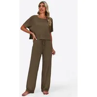 Imily Bela Hausanzug Damen 2-teilige Pullover-Sets (Set, 2 tlg., Strick-Crop-Tops mit Schlitz + High-Waist-Hosen) Volltonfarbe