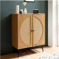 FINEBUY Sideboard FB104655 Kommode in Eiche Dekor 80 cm mit 2 Türen aus Wiener Rattan (80x103x39 cm Anrichte, Eiche-Dekor Rattangeflecht), Kommode Türen Highboard, Hoher Kommodenschrank