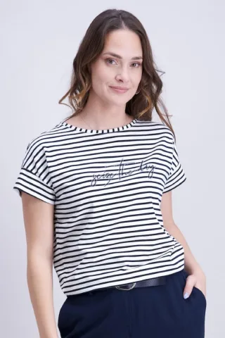 signe nature - Gestreiftes T-Shirt mit U-Boot-Ausschnitt und Schriftzug blau/weiß - Gr. - 44