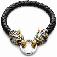RAIKOU Lederarmband Wikinger Wolfskopf aus geflochtenem Leder mit Edelstahlverschluss