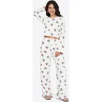 Imily Bela Hausanzug Damen Verspieltes Kirschmuster-Set (Set, 2 tlg., Kurzes Top mit Rundhalsausschnitt + Hochgeschnittene Weite Hose) mit Rundhalsausschnitt