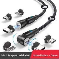 Kevin Frotscher (FroShop) 540° 3 in 1 Magnet Ladekabel Universal Handy für Apple iPhone magnetisches Ladekabel, Samsung Huawei Lenovo Xiaomi Micro USB Typ C - 2 Meter Laden + Daten